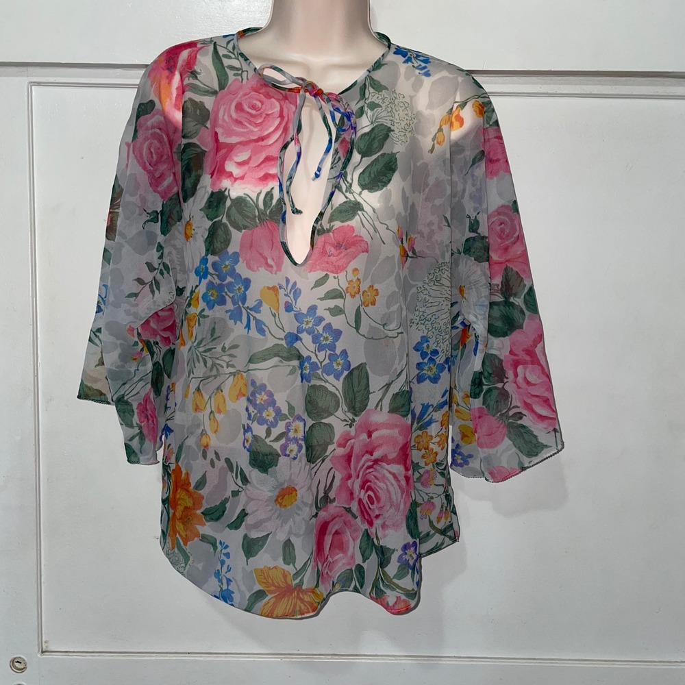 Three Flaggs women's 1960s vintage white‎ sheer floral blouse XL 3/4 sleeve